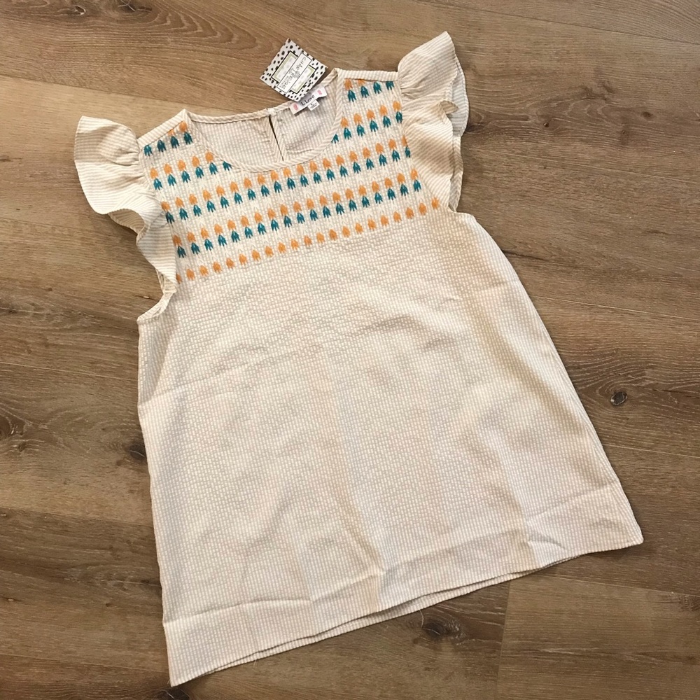 CHARTREUSE Boutique Sullivan Seersucker - Natural Embroidered Top - Large NWT